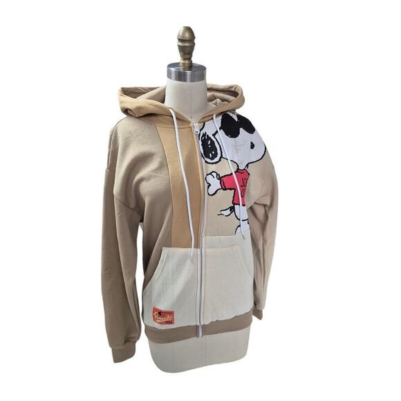 NWT PEANUTS Snoopy Joe Cool Color Block Tan Sweatshirt with a Full Zip Hoodie S - Picture 5 of 6